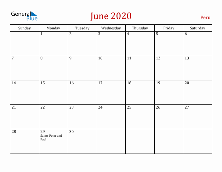 Peru June 2020 Calendar - Sunday Start