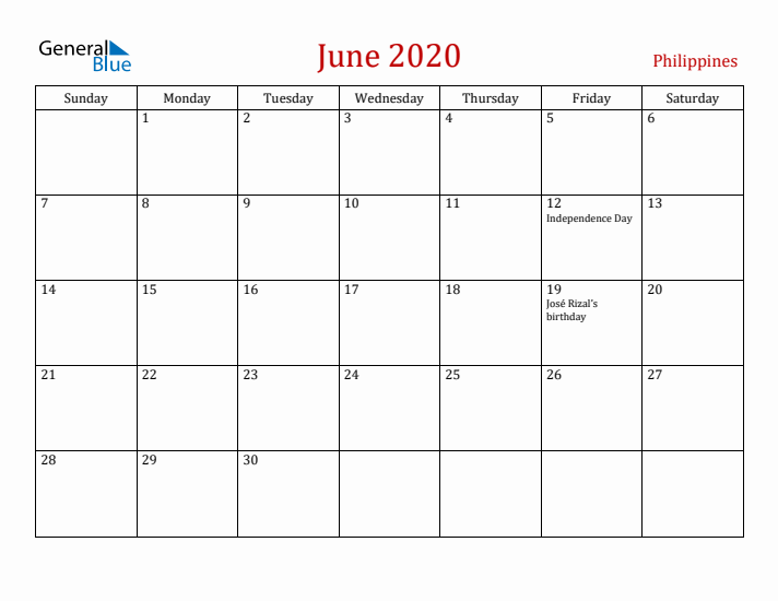 Philippines June 2020 Calendar - Sunday Start
