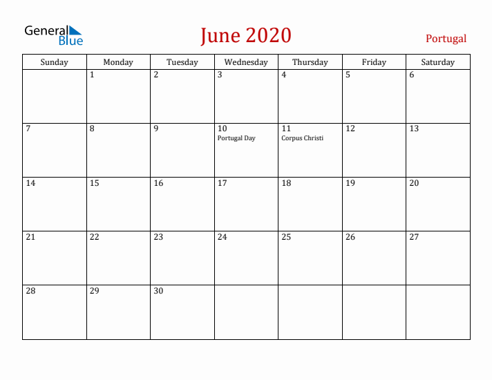 Portugal June 2020 Calendar - Sunday Start