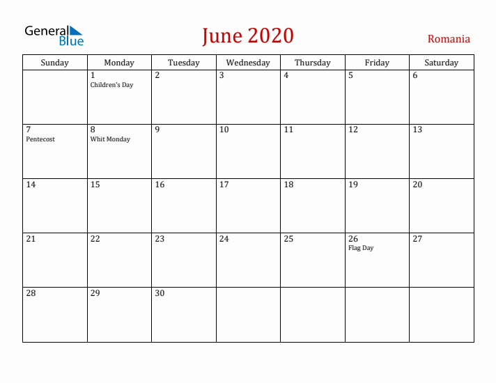 Romania June 2020 Calendar - Sunday Start