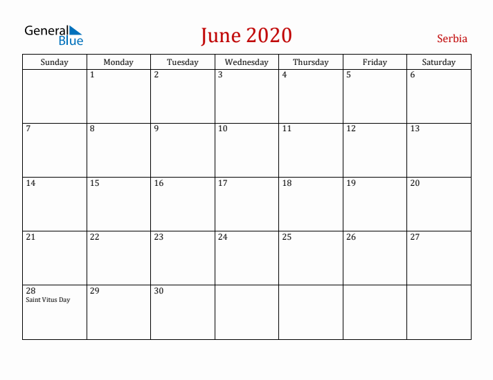 Serbia June 2020 Calendar - Sunday Start