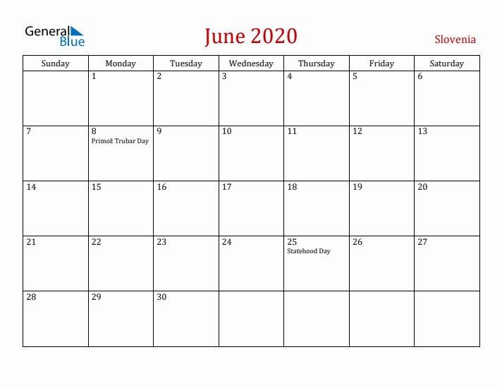 Slovenia June 2020 Calendar - Sunday Start
