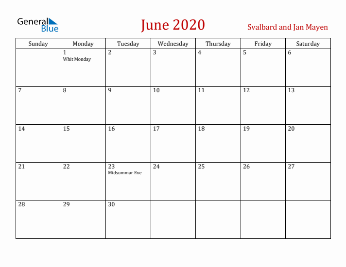 Svalbard and Jan Mayen June 2020 Calendar - Sunday Start