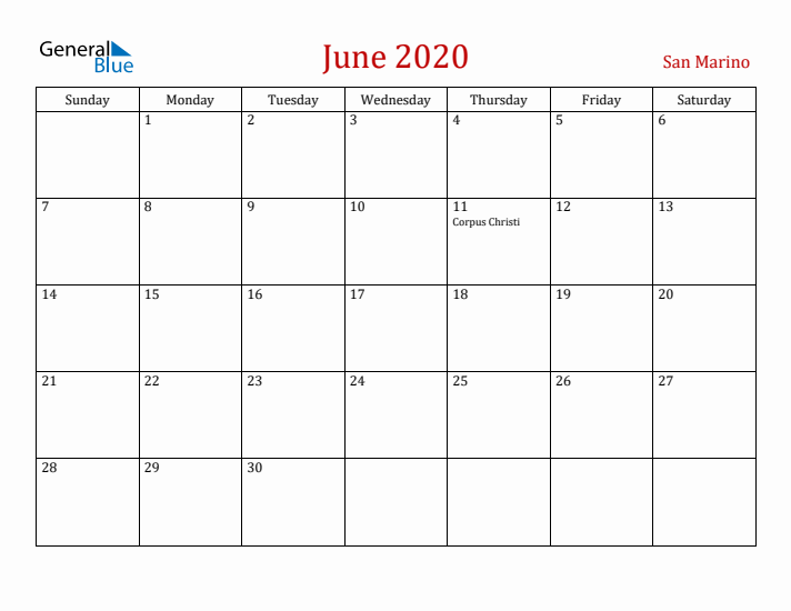 San Marino June 2020 Calendar - Sunday Start