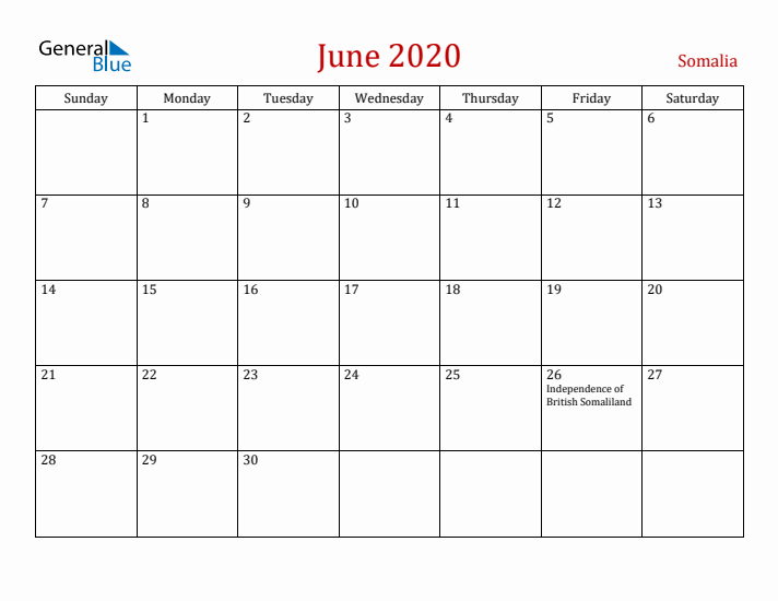 Somalia June 2020 Calendar - Sunday Start