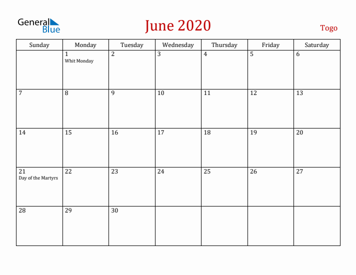 Togo June 2020 Calendar - Sunday Start