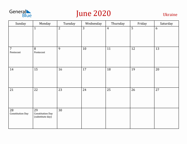 Ukraine June 2020 Calendar - Sunday Start