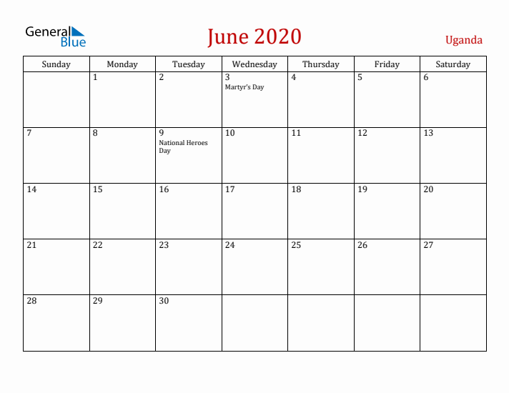 Uganda June 2020 Calendar - Sunday Start