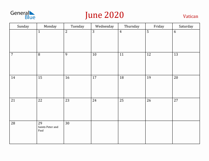 Vatican June 2020 Calendar - Sunday Start