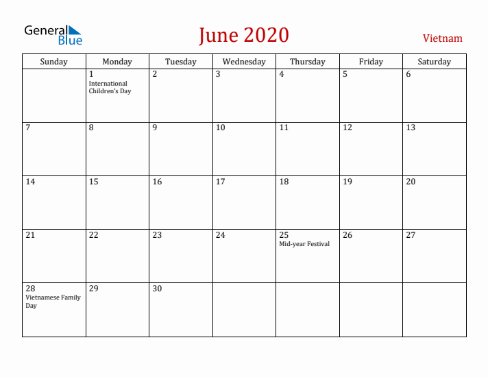 Vietnam June 2020 Calendar - Sunday Start
