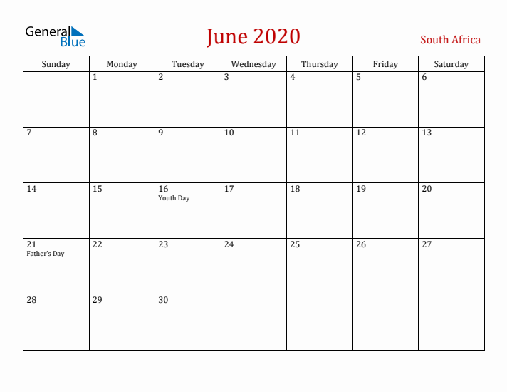 South Africa June 2020 Calendar - Sunday Start