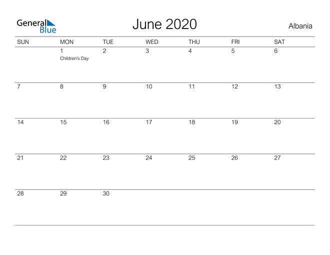 Printable June 2020 Calendar for Albania