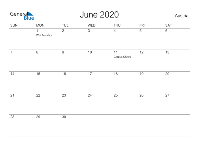 Printable June 2020 Calendar for Austria