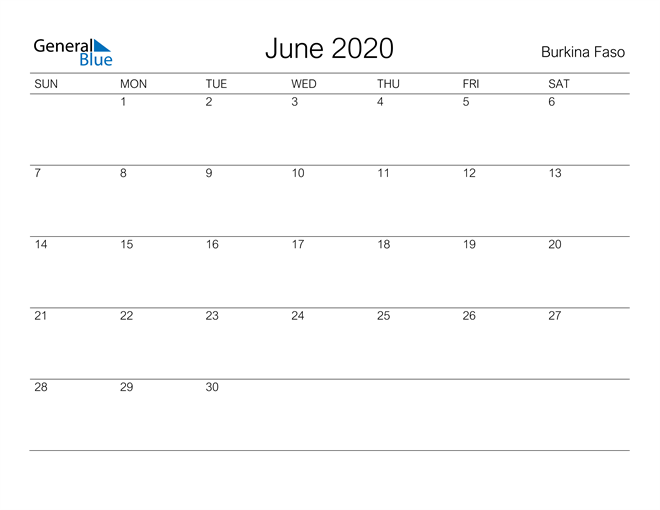 Printable June 2020 Calendar for Burkina Faso