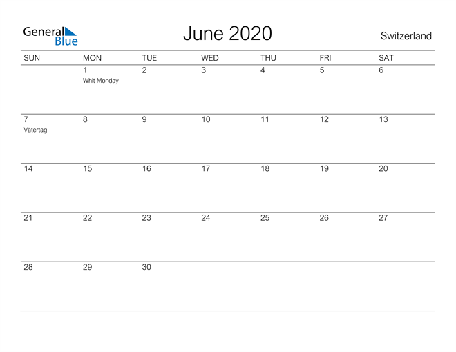 Printable June 2020 Calendar for Switzerland