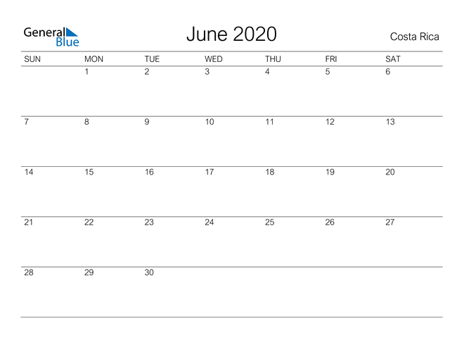 Printable June 2020 Calendar for Costa Rica