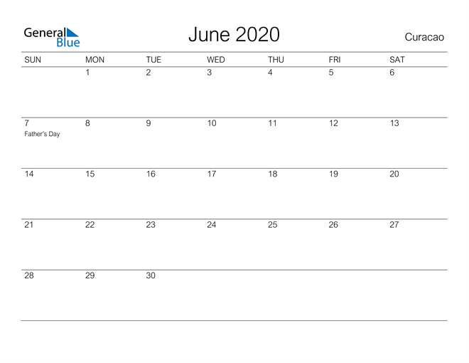 Printable June 2020 Calendar for Curacao