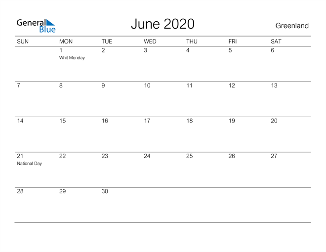 Printable June 2020 Calendar for Greenland