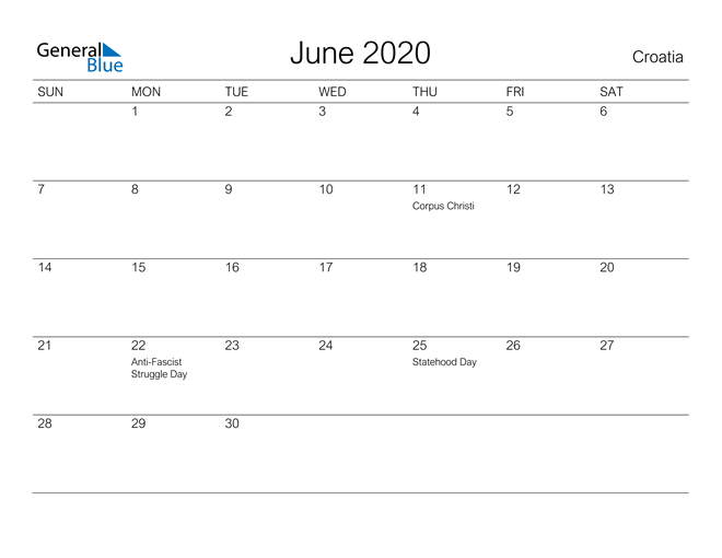 Printable June 2020 Calendar for Croatia
