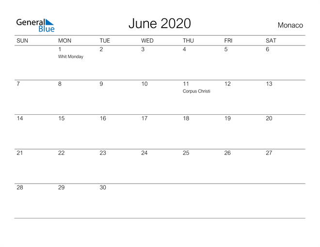 Printable June 2020 Calendar for Monaco