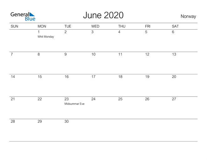 Printable June 2020 Calendar for Norway
