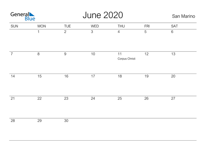 Printable June 2020 Calendar for San Marino