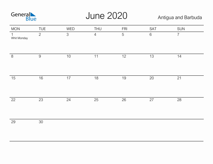 Printable June 2020 Calendar for Antigua and Barbuda