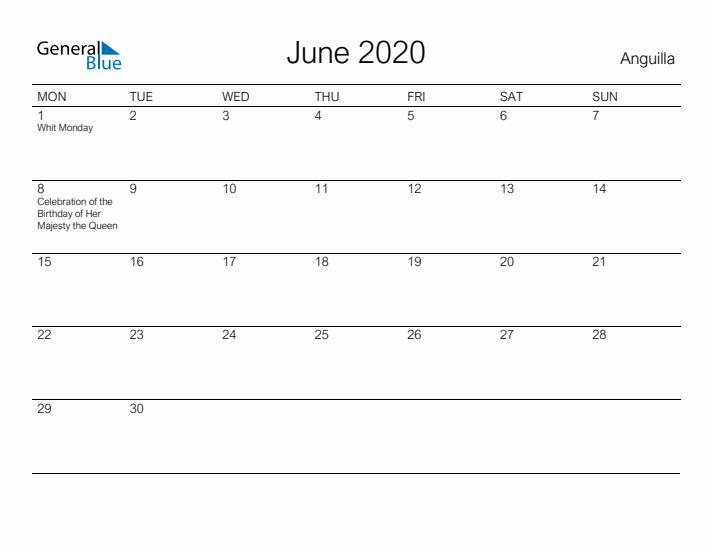 Printable June 2020 Calendar for Anguilla