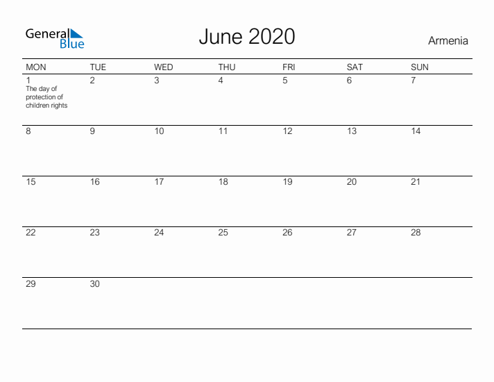 Printable June 2020 Calendar for Armenia