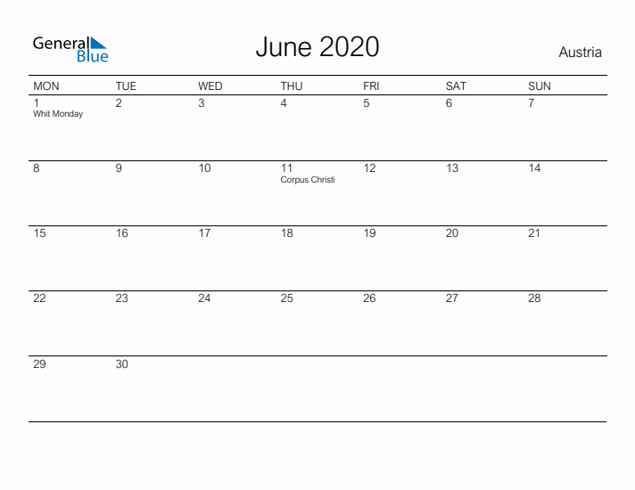 Printable June 2020 Calendar for Austria