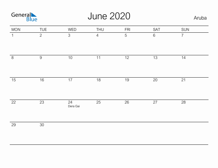 Printable June 2020 Calendar for Aruba