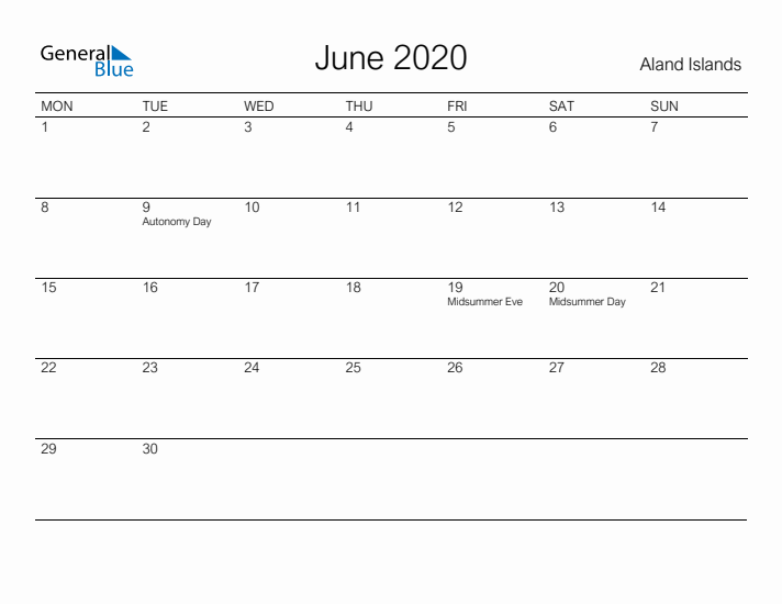 Printable June 2020 Calendar for Aland Islands