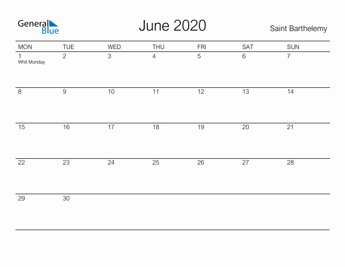 Printable June 2020 Calendar for Saint Barthelemy