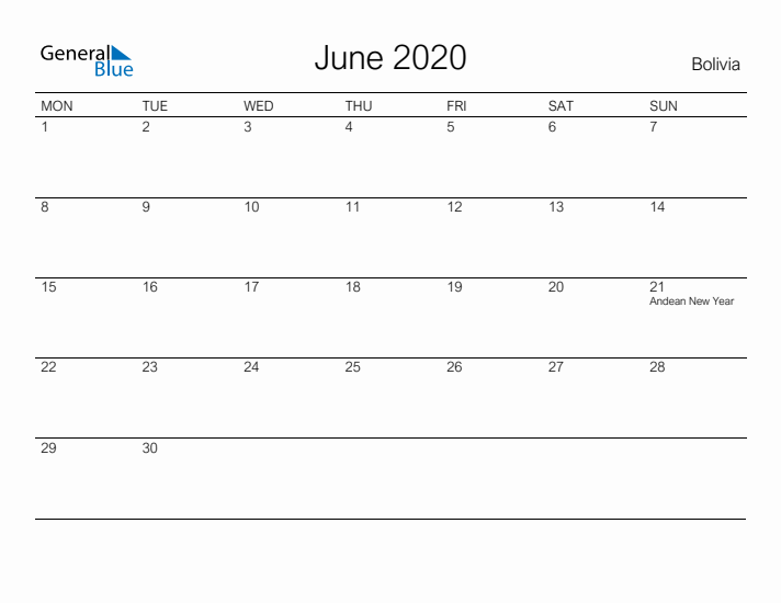 Printable June 2020 Calendar for Bolivia
