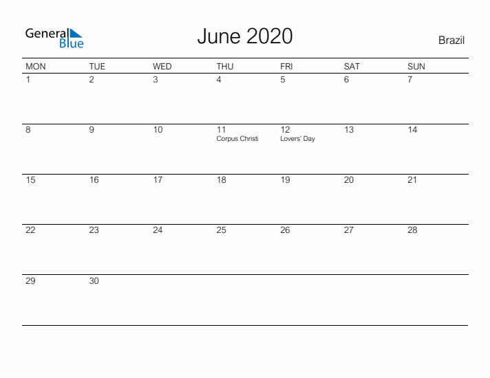 Printable June 2020 Calendar for Brazil