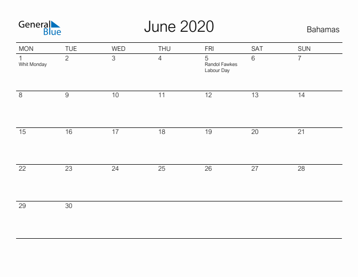 Printable June 2020 Calendar for Bahamas