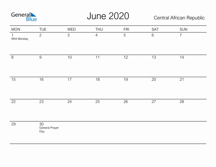 Printable June 2020 Calendar for Central African Republic