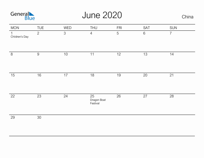 Printable June 2020 Calendar for China