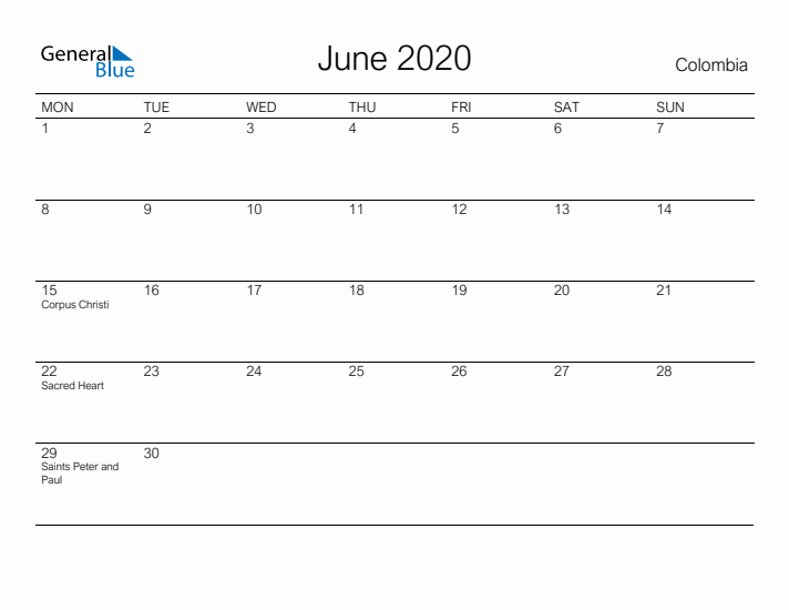 Printable June 2020 Calendar for Colombia