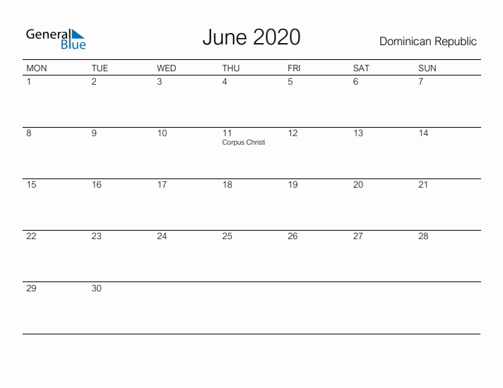 Printable June 2020 Calendar for Dominican Republic