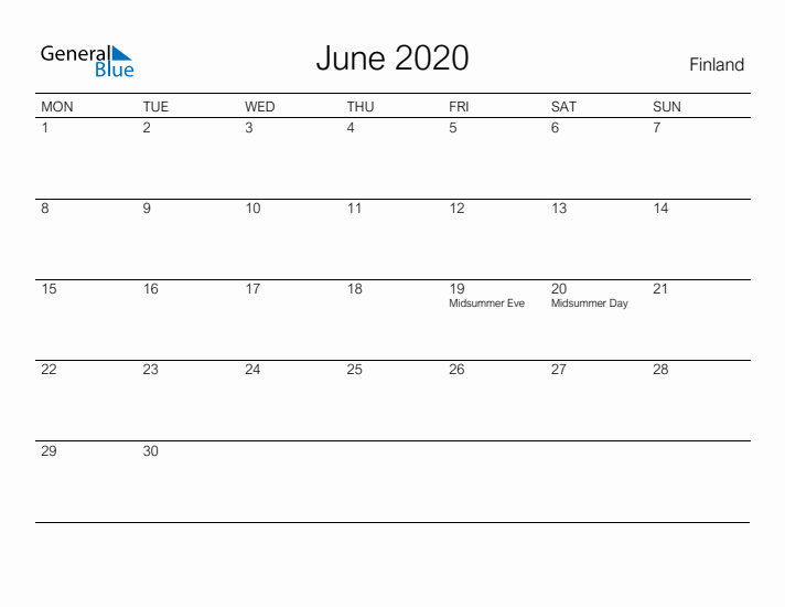 Printable June 2020 Calendar for Finland