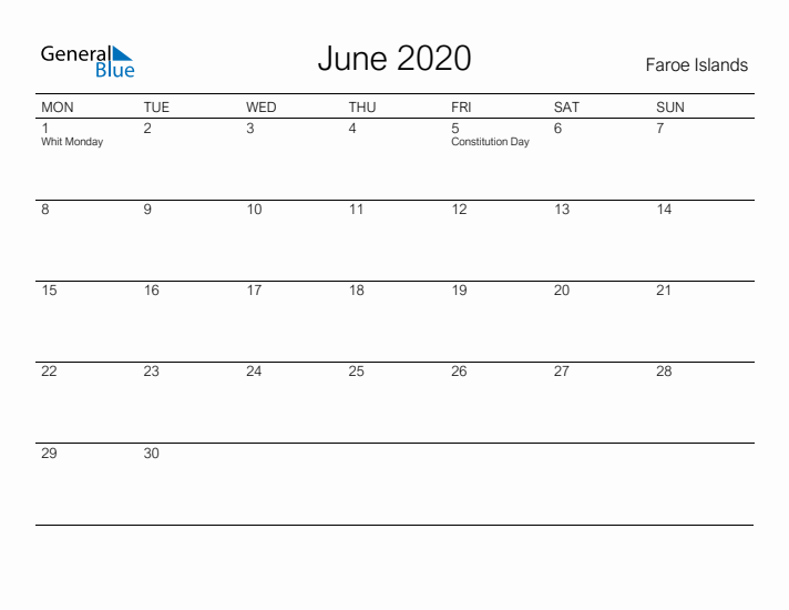 Printable June 2020 Calendar for Faroe Islands