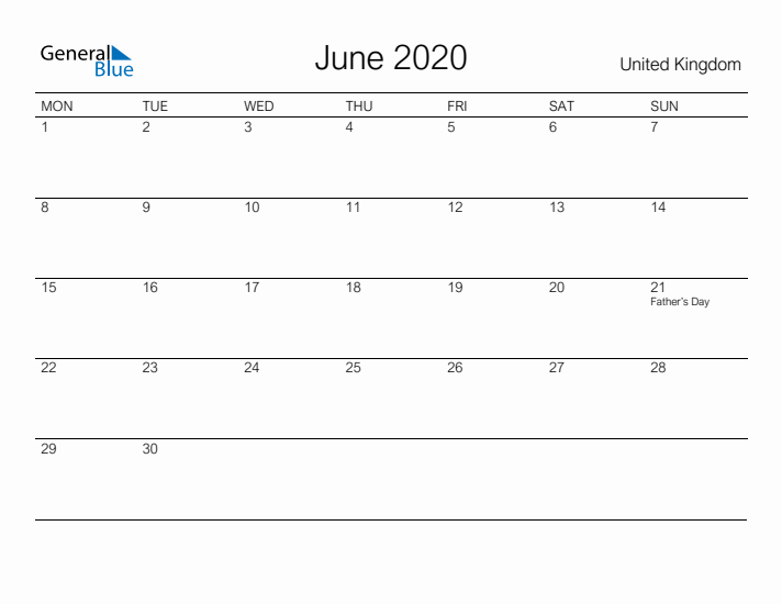 Printable June 2020 Calendar for United Kingdom