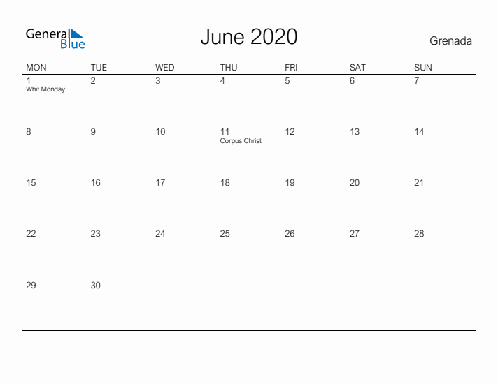 Printable June 2020 Calendar for Grenada