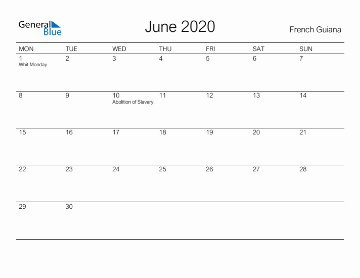 Printable June 2020 Calendar for French Guiana