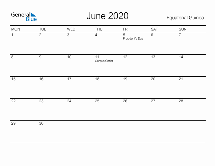 Printable June 2020 Calendar for Equatorial Guinea