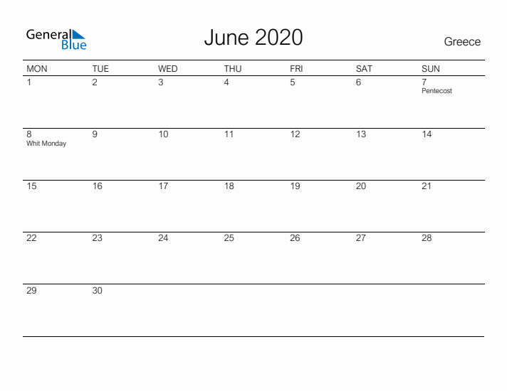 Printable June 2020 Calendar for Greece