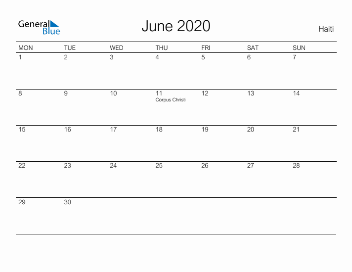 Printable June 2020 Calendar for Haiti