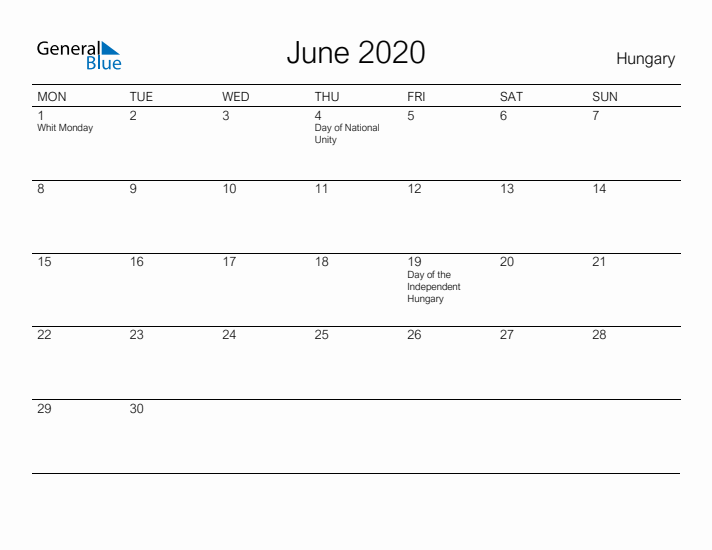 Printable June 2020 Calendar for Hungary