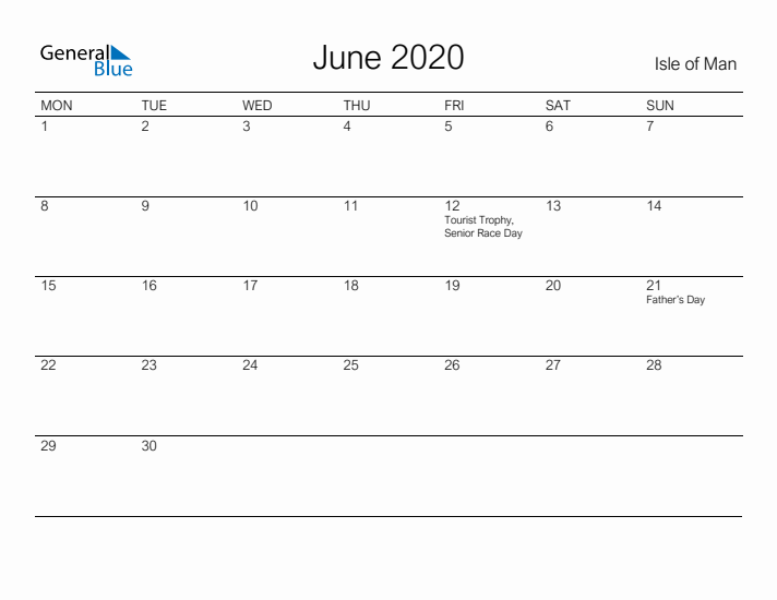 Printable June 2020 Calendar for Isle of Man